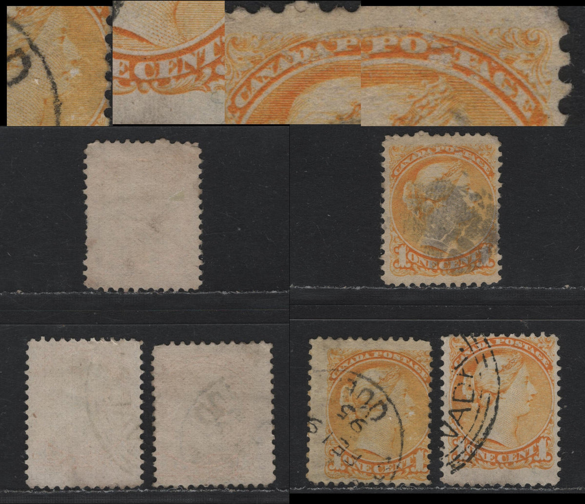 Lot 396 Canada (C)#35var 1c Yellow , 1870-1893 Small Queen Issue, 3 Very Good/Fine Used Singles, Second Ottawa Printings, Unlisted White Void & Yellow Thread Printing Flaws On The Design, Unchecked As To Specific Papers & Perfs.