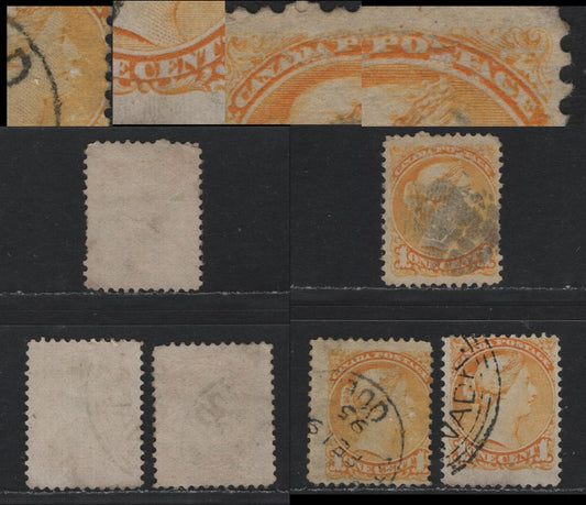 Lot 396 Canada (C)#35var 1c Yellow , 1870-1893 Small Queen Issue, 3 Very Good/Fine Used Singles, Second Ottawa Printings, Unlisted White Void & Yellow Thread Printing Flaws On The Design, Unchecked As To Specific Papers & Perfs.