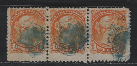 Lot 398 Canada #35d 1c Orange , 1870-1893 Small Queen Issue, A Very Good Used Strip of 3, Early Montreal Printing, MM-B Paper, Hitherto Unrecoreded Compound Perf Of 11.7x12,11.7x12 & 11.7x11.75, And Blue Cancels Are Scarce On this Issue.