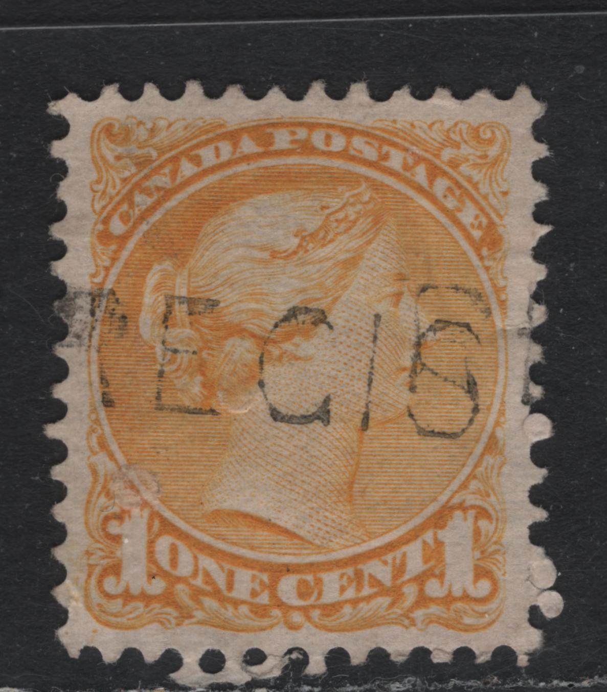 Lot 399 Canada #35vii 1c Dull Yellow , 1870-1893 Small Queen Issue, A Very Fine Used Single, Mid Montreal Printing, MM-B Paper, Nearly Perfectly Centered With Straight Line Registered Cancel, A Couple of Minor Paper Wrinkles.