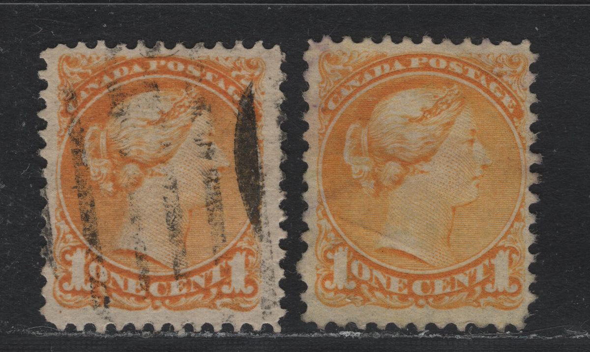 Lot 400 Canada #35, 35i 1c Deep Lemon Yellow - Yellow , 1870-1893 Small Queen Issue, 2 Very Fine Used Singles, Mid Montreal Printing & Second Ottawa Printings, MM-B & 2O-E Papers, Perfs 12x12.2 & 12.