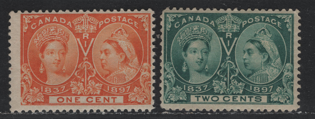 Lot 309 Canada #51, 52 1c-2c Orange - Deep Green , 1897 Diamond Jubilee Issue, 2 FOG Singles, ABN-U Papers, Perfs 12x11.9 (1c) & 12 (2c)