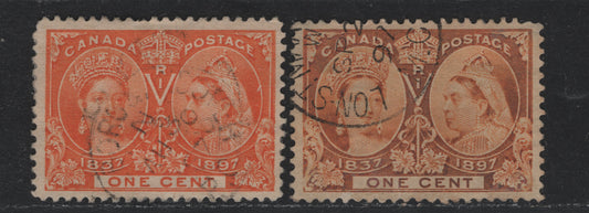 Lot 311 Canada #51i 1c Light Bright Orange Yellow - Oxidized Orange Yellow , 1897 Diamond Jubilee Issue, 2 Fine Used Singles, ABN-V & ANB-U Papers, Perf 12x11.9 & 11.95x12, RPO Cancel. Small Tear Below E of One.