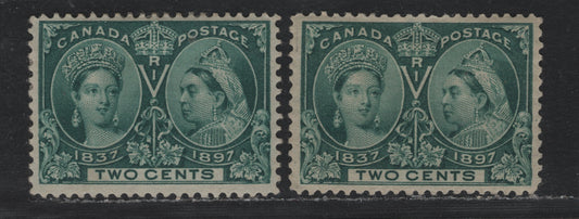 Lot 314 Canada #52 2c Deep Bluish Green , 1897 Diamond Jubilee Issue, 2 F/VFOG Singles, ABN-U & ABN-V Papers, Perfs 11.9x11.8 & 12, ABN-V Paper Has A Shallow Hinge Thin At Top.