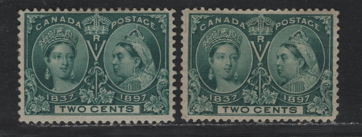 Lot 314 Canada #52 2c Deep Bluish Green , 1897 Diamond Jubilee Issue, 2 F/VFOG Singles, ABN-U & ABN-V Papers, Perfs 11.9x11.8 & 12, ABN-V Paper Has A Shallow Hinge Thin At Top.
