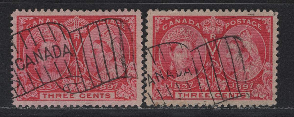 Lot 317 Canada #53 3c Bright Rose & Deeper Bright Rose , 1897 Diamond Jubilee Issue, 2 Very Fine Used Singles, ABN-Y Paper, Perfs 11.9x12 & 12, Two Well Centered Examples With Bickerdike Flag Cancels, Each Showing Different Sized Letters In Canada.