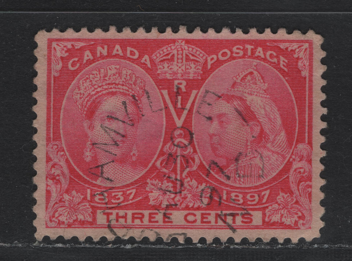 Lot 318 Canada #53 3c Light Bright Rose , 1897 Diamond Jubilee Issue, A Very Good Used Single, ABN-V Paper, Perf 12, Scarce Burnhamville, NB Cancel,Shallow Thin & Small Corner Crease.