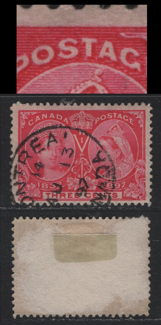 Lot 319 Canada #53 3c Bright Rose , 1897 Diamond Jubilee Issue, A Fine Used Single, ABN-U Paper, Perf 12x11.9, Showing A Re-Entry Consisting Of Doubling In The 'A' of Postage, the Letters of Three & Inner Frameline Under the LL Maple Leaf, Unlisted.