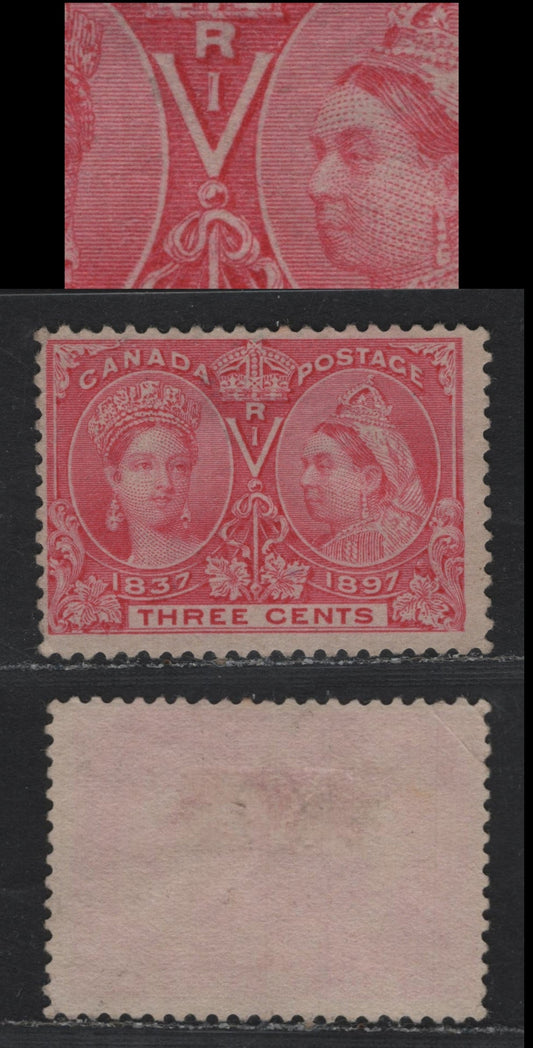 Lot 321 Canada #53i 3c Very Pale Rose , 1897 Diamond Jubilee Issue, A Very Good Used Single, ABN-V Paper, Perf12, Showing Unlisted Vertical Dash Inside I of RIV, Unlisted In Unitrade, Light Corner Crease In UL Corner.