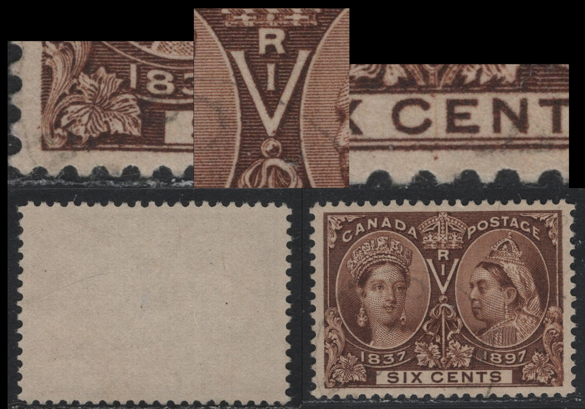 Lot 328 Canada #55var 6c Dark Yellow Brown , 1897 Diamond Jubilee Issue, A Very Fine Used Single, ABN-QQQQ Paper, Guide Dot In Left Margin Opposite LL Scroll In The Bottom Of The V & 2 Dots Almost Resembling A Colon To The Right Of 'C' of Cents