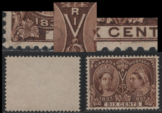 Lot 328 Canada #55var 6c Dark Yellow Brown , 1897 Diamond Jubilee Issue, A Very Fine Used Single, ABN-QQQQ Paper, Guide Dot In Left Margin Opposite LL Scroll In The Bottom Of The V & 2 Dots Almost Resembling A Colon To The Right Of 'C' of Cents
