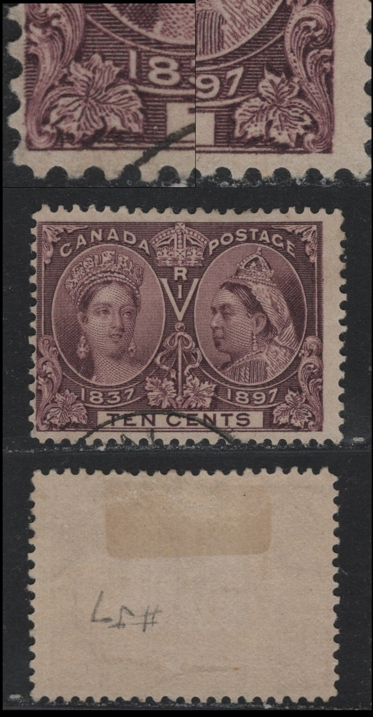 Lot 331 Canada #57var 10c Deep Reddish Purple , 1897 Diamond Jubilee Issue, A Fine Used Single, ABN-W Paper, Perf 12, Showing Very Minor Re-Entry, Consisting Of A Very Slight Extension of The Horizontal Shading Lines In The White Ornamental Line At left.