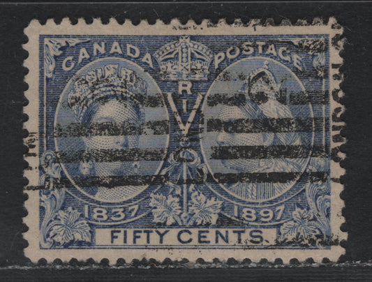 Lot 339 Canada #60i 50c Deep Ultramarine , 1897 Diamond Jubilee Issue, A Very Good Used Single, ABN-W Paper, Perf 12x11.9, Very Tiny& Shallow Hinge Thin, London ON '2' Roller Cancel.
