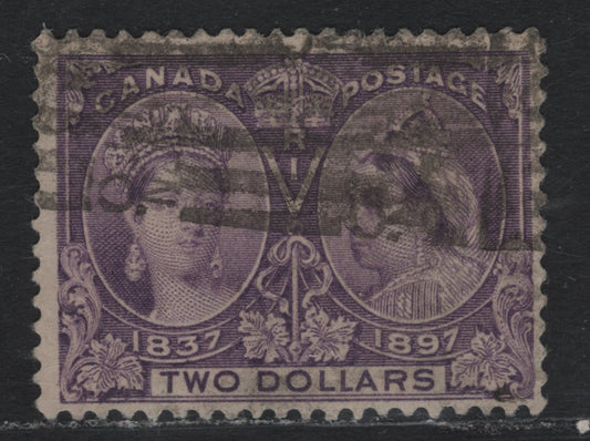 Lot 341A Canada #62 $2 Deep Milky Violet , 1897 Diamond Jubilee Issue, A Very Good Used Single, ABN-AAAA Paper, Perf 11.9x12, Pre-Production Paper Wrinkles In UR Corner, Moderate Toronto Roller Cancel.