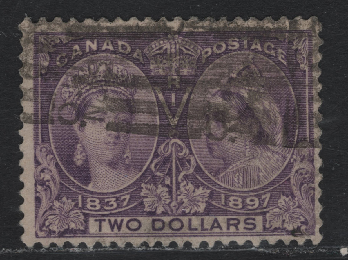 Lot 341A Canada #62 $2 Deep Milky Violet , 1897 Diamond Jubilee Issue, A Very Good Used Single, ABN-AAAA Paper, Perf 11.9x12, Pre-Production Paper Wrinkles In UR Corner, Moderate Toronto Roller Cancel.