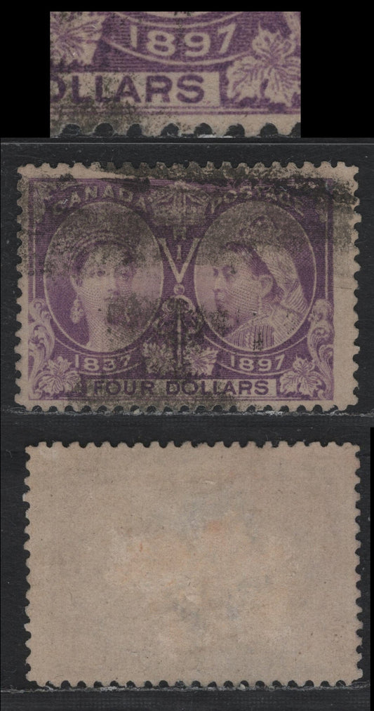 Lot 341C Canada #64 $4 Lively Gray Violet , 1897 Diamond Jubilee Issue, A Fine Used Single, ABN-AAAA Paper, Perf 11.9, A Sound Used Example With A Moderately Heavy, But Not Too Heavy Smudge Cancel, Only 14.500 Issued.