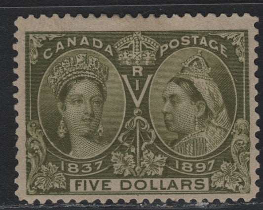 Lot 341D Canada #65 $5 Olive Green , 1897 Diamond Jubilee Issue, A FOG Single, ABN-AAAA Paper, Perf 12x11.9, Beautiful Example Of this Iconic 'Holy Grail' Stamp, That Is The Dream of Every Canada Collector.