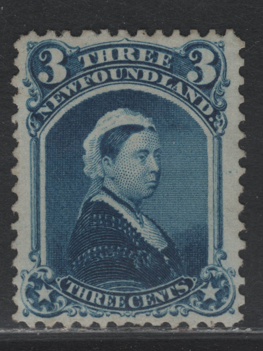 Lot 348 Newfoundland #34 3c Blue , 1868-1894 2nd Cents Issue, A VFOG Single, Cents-CC Paper, Perf 12x11.75, Expertly Regummed, Exceptional Centering For This Issue, Perfs are All Original.