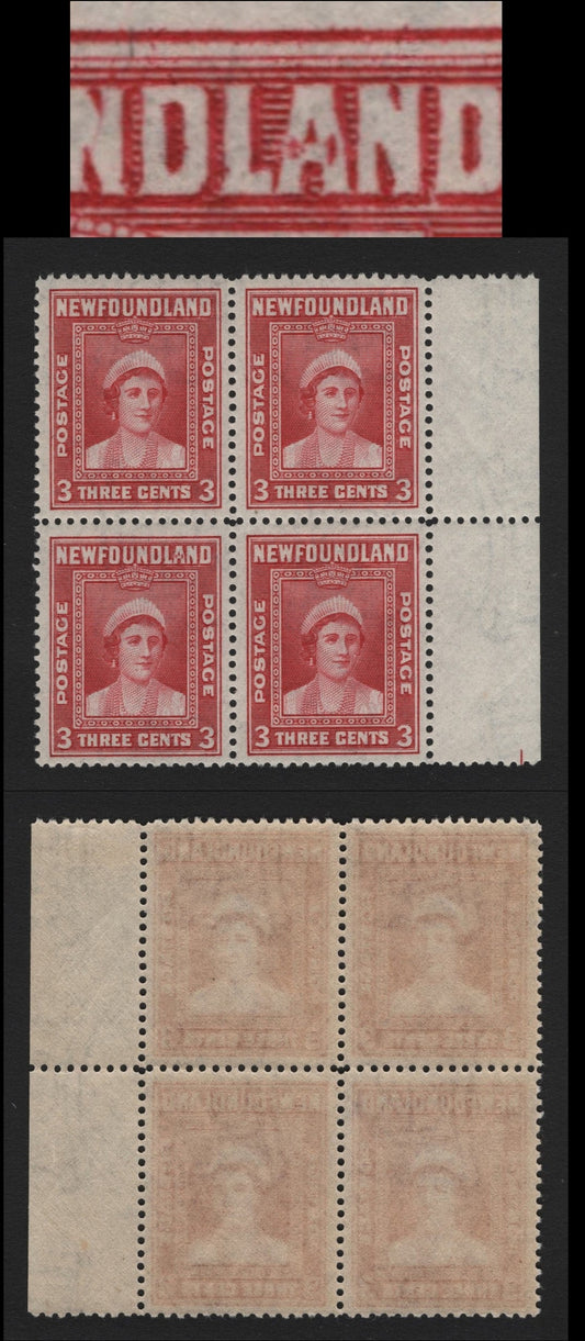 Lot 353 Newfoundland #255i 3c Rose Carmine , 1941-1944 Definitive Re-Issue, A VFNH Block Of 4, Broken A In Land, From Pos. 49, Perf 12.5x12.7.