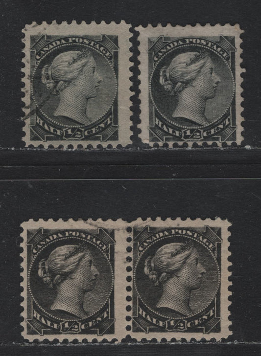 Lot 355 Canada #34, 34i 1/2c Jet Black & Gray Black , 1870-1893 Small Queen Issue, 3 Fine Used Singles & Pair, 2nd Ottawa Printing, Newsprint Paper, All Unchecked As to Specific Types & Perf, Montreal & Ottawa Printings Of Gray Black Shades.