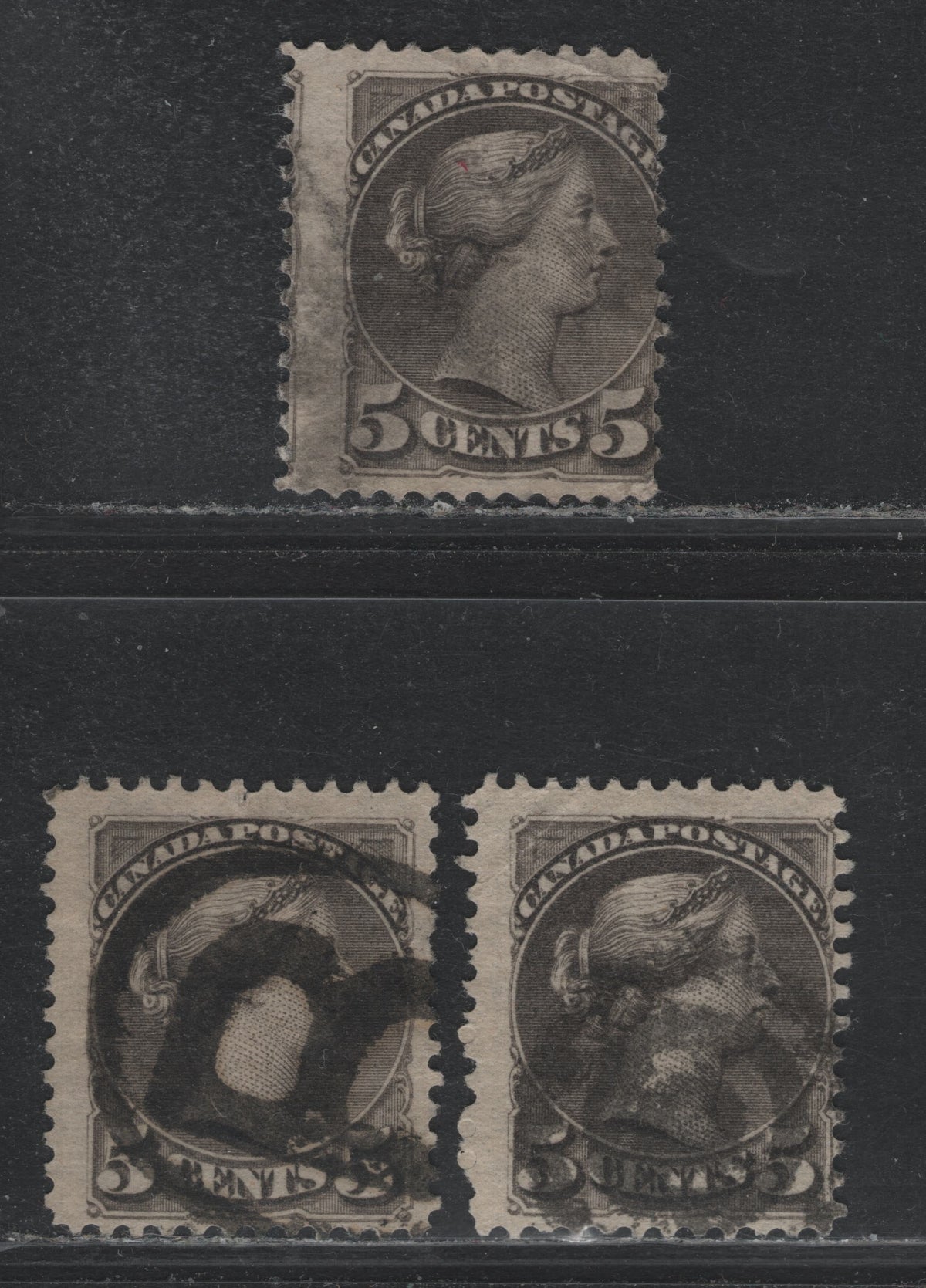 Lot 356 Canada #42 5c Deep Gray , 1888-1897 Small Queen Issue, 3 Very Good/Fine Used Singles, 2nd Ottawa Printings, 2O-C, 2O-L & 2O-N Papers, The Stamp With The Target Cancel Has A Light Corner Crease.