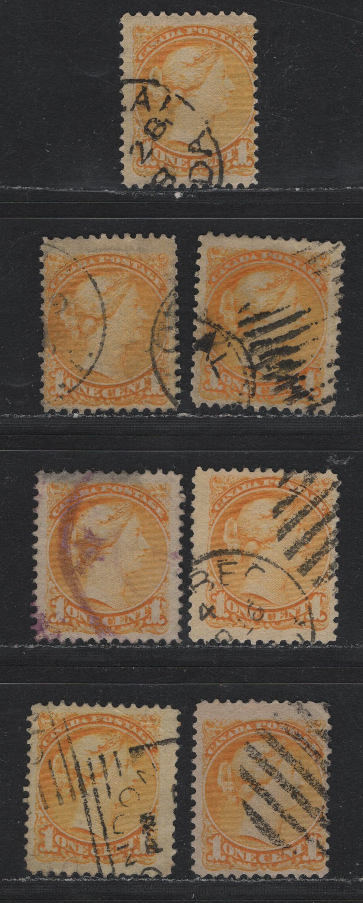 Lot 362 Canada #35 1c yellow , 1870-1893 Small Queen Issue, 7 Ungraded Used Singles, Reference Lot, Includes 2O-E, 2O-L, 2O-M, 2O-P,2O-Q, 2O-S & 2O-T