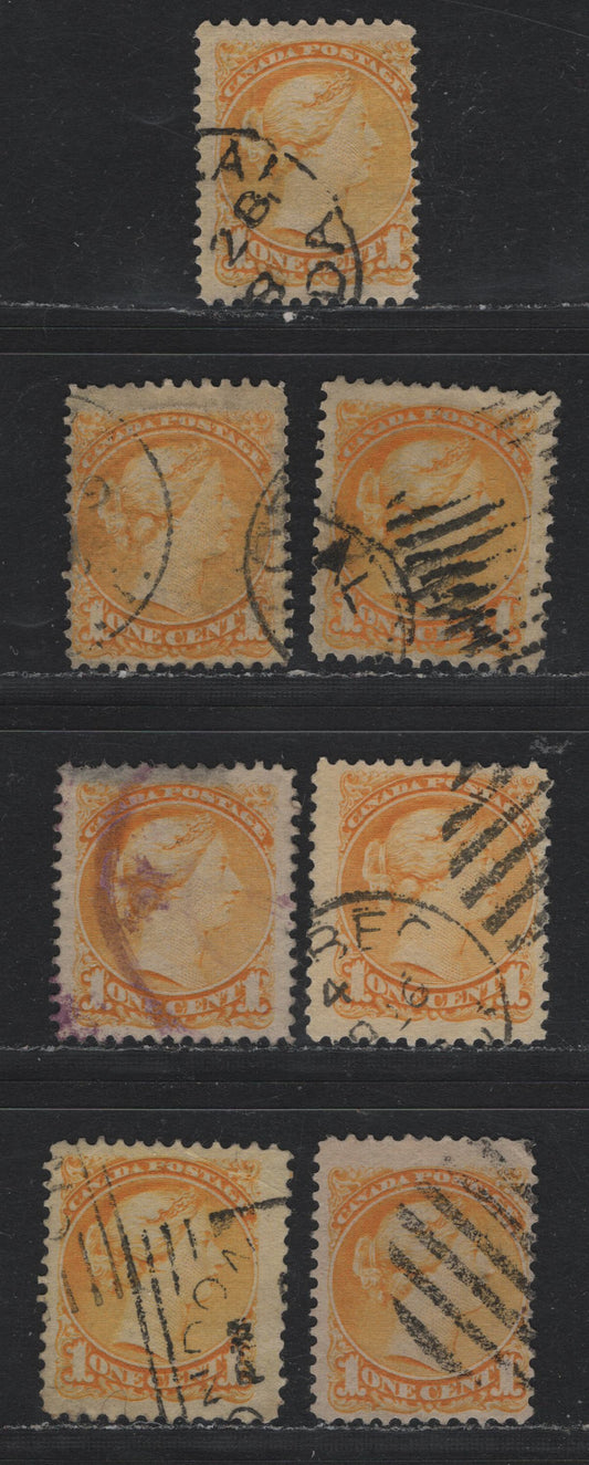 Lot 362 Canada #35 1c yellow , 1870-1893 Small Queen Issue, 7 Ungraded Used Singles, Reference Lot, Includes 2O-E, 2O-L, 2O-M, 2O-P,2O-Q, 2O-S & 2O-T
