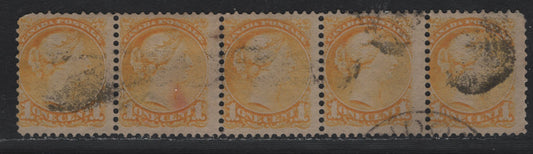 Lot 365 Canada #35 1c Pale Yellow , 1870-1893 Small Queen Issue, A Very Good/Fine Used Strip of 5, 2nd Ottawa Printing, Perf 12.1x12.2, Unchecked As to Specific Paper Type, Strips Larger Than 3 Are Very Scarce.