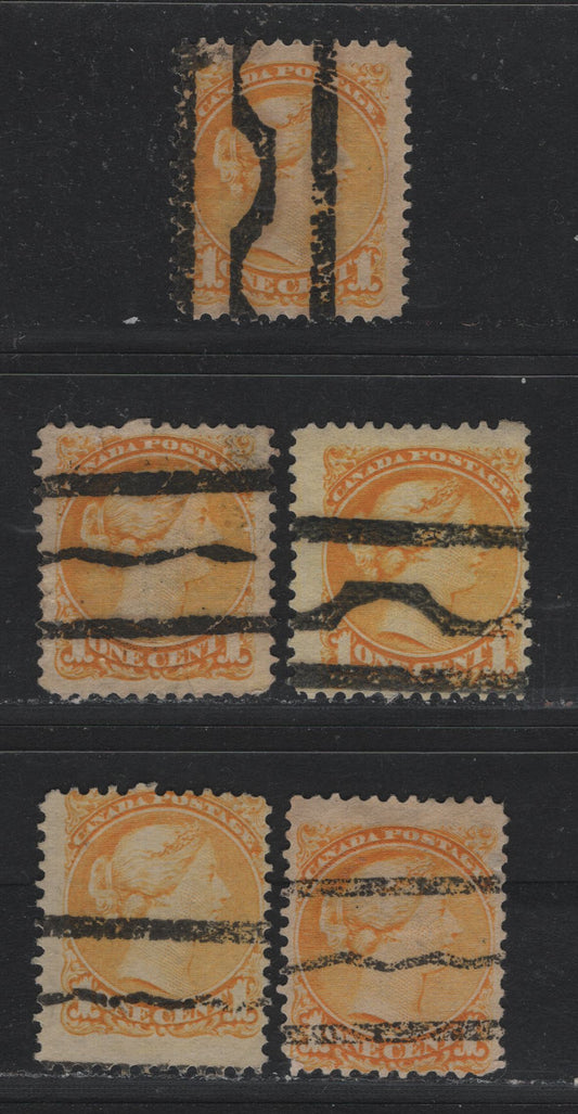 Lot 368 Canada #35 1c Pale Yellow , 1870-1893 Small Queen Issue, 5 Very Good/Fine Used Singles, 2nd Ottawa Printings, Unchecked As To Specific Paper Type & Perf, Styles T, R, U, U-Vertical & S Precancel.