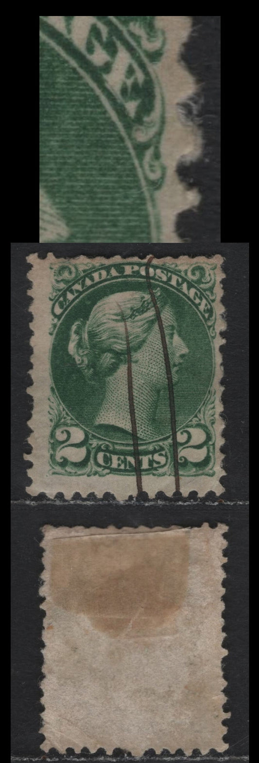 Lot 375 Canada #36e 2c Deep Green , 1870-1893 Small Queen Issue, An Ungraded Used Single, Montreal Printing, Perf 11.75x12, Unchecked As To Specific Paper Type, Showing Hairline In The Base Of E Of Postage, Heavy Corner Crease At LR.