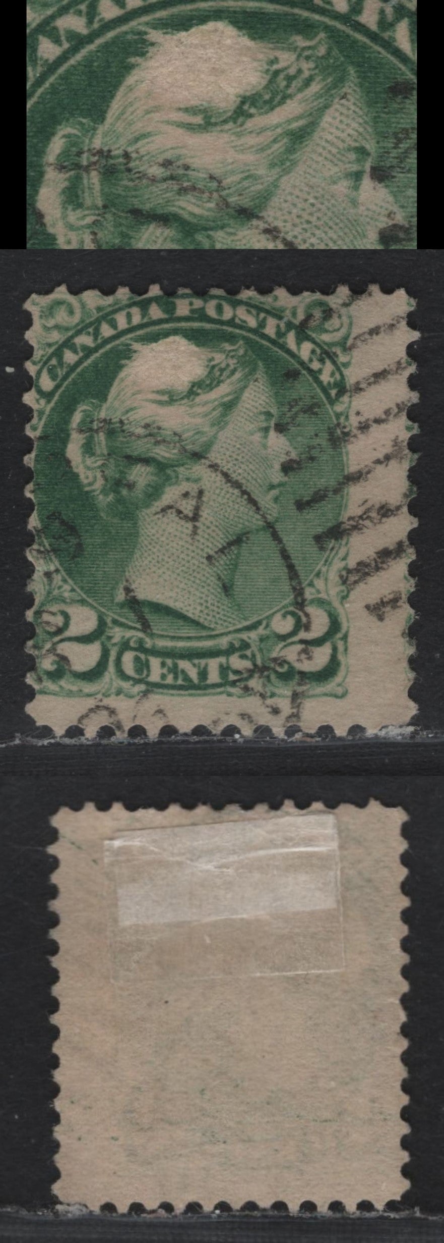 Lot 384 Canada #36 2c Grass Green , 1870-1893 Small Queen Issue, A Very Good Used Single, 2nd Ottawa Printing, Showing A Massive White Patch In The Queen's Hair, After Examining The Paper Surface, Can Confirm That Is Is Not A Thin.