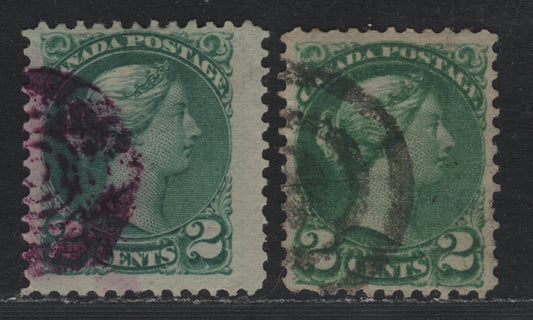 Lot 386 Canada #36i, 36ii 2c Blue Green - Green , 1870-1893 Small Queen Issue, 2 Fine Used Singles, 2nd Ottawa Printing, Scarcer Purple Target Cancel & 3-Ring Bullseye Cancels