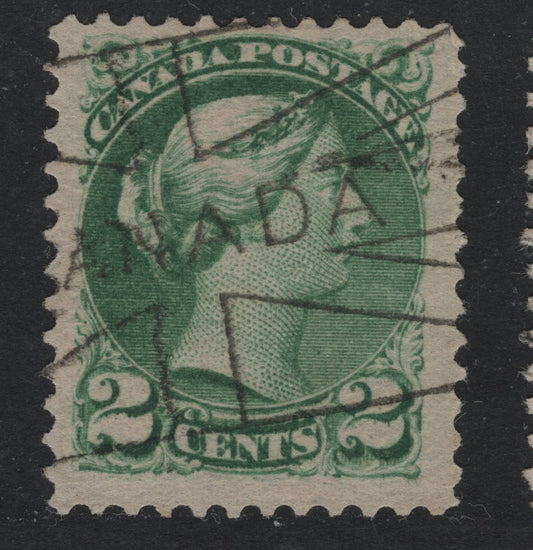 Lot 396 Canada #36i 2c Grass Green , 1870-1893 Small Queen Issue, A Fine Used Single, 2nd Ottawa Printing, Nearly Opaque Cream Horizontal Wove Paper, Unchecked As To Specific Type, Perf 12x12.1, Clear Union Jack Canada Flag Cancel.