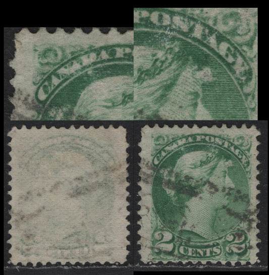 Lot 402 Canada (C)#36i 2c Grass Green , 1870-1893 Small Queen Issue, A Fine Used Single, 2nd Ottawa Printings, Showing Significant Plate Damage, Resulting In White Patches Infront of the Forehead, Above The Hair & NAD of Canada.