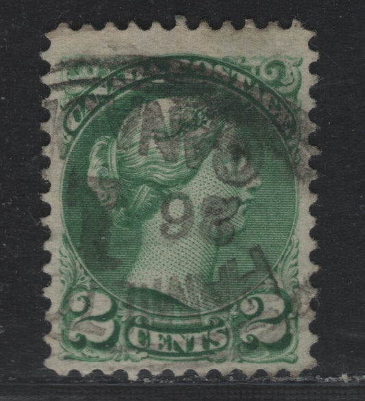 Lot 405 Canada #36i 2c Grass Green , 1870-1893 Small Queen Issue, A Fine Used Single, 2nd Ottawa Printing, Readable Strike of Oval Parcel Cancel For Hamilton, Showing oversized 1 for January In The Month, Which Is An Unusual Variation.