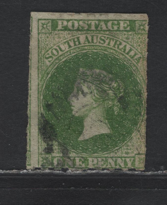 Lot 106 Australia - South Australia SG#19 1d Bright Yellow Green , 1860-1869 Second Roulette Issue, A Fine Used Single, Large Star Wmk, Rouletted, Fully Intact Roulettes On All Sides.
