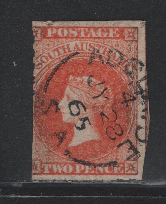 Lot 111 Australia - South Australia SG#26 2d Bright Vermillion , 1860-1869 Second Roulette Issue, A Fine Used Single, Roulette on 3 Sides, Large Imperforate Margin On Right Showing Portion of Adjoining Stamp, SON July 28 1865 Adelaide Cancel.
