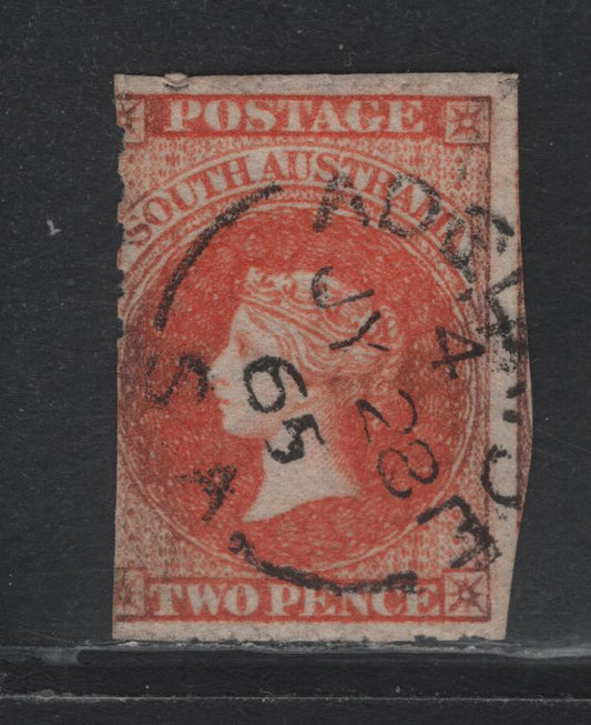 Lot 111 Australia - South Australia SG#26 2d Bright Vermillion , 1860-1869 Second Roulette Issue, A Fine Used Single, Roulette on 3 Sides, Large Imperforate Margin On Right Showing Portion of Adjoining Stamp, SON July 28 1865 Adelaide Cancel.