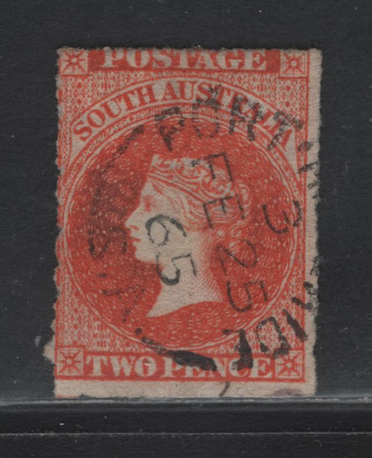 Lot 112 Australia - South Australia SG#26 2d Bright Vermillion , 1860-1869 Second Roulette Issue, A Fine Used Single, 4 Intact Roulettes, SON Port Adelaide Split Ring Cancel, Dated February 25 1865.