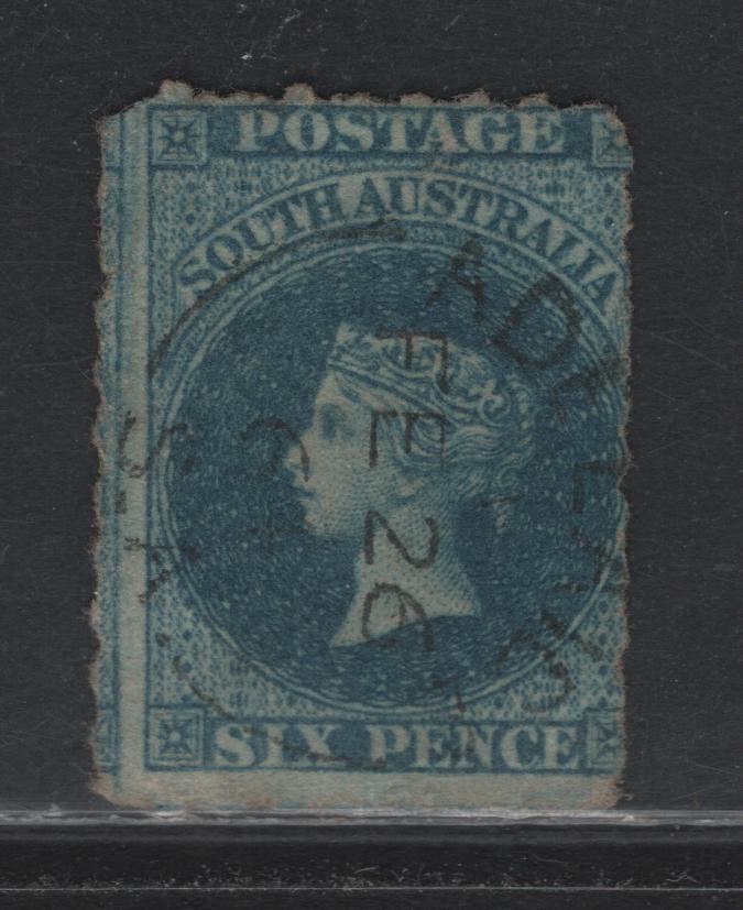 Lot 115 Australia - South Australia SG#29 6d Greenish Blue , 1860-1869 Second Roulette Issue, A Very Good Used Single, Intact Roulettes, Slightly Rounded Corner, SON February 26 1864 Adelaide Split Ring Cancel, Light Diagonal Bend.