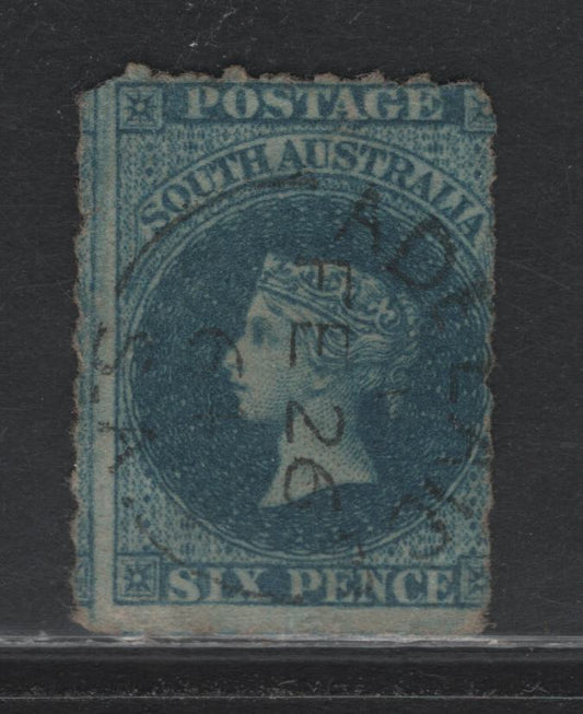 Lot 115 Australia - South Australia SG#29 6d Greenish Blue , 1860-1869 Second Roulette Issue, A Very Good Used Single, Intact Roulettes, Slightly Rounded Corner, SON February 26 1864 Adelaide Split Ring Cancel, Light Diagonal Bend.