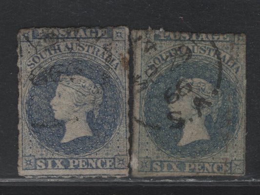 Lot 116 Australia - South Australia SG#31-32 6d Violet Ultramarine - Dull Blue , 1860-1869 Second Roulette Issue, 2 Fine/Very Fine Used Singles, 1866 & 1869 Cancels, One Stamp Is Clipped Along The Design, Actual Roulette Cuts Into The Design By 3mm