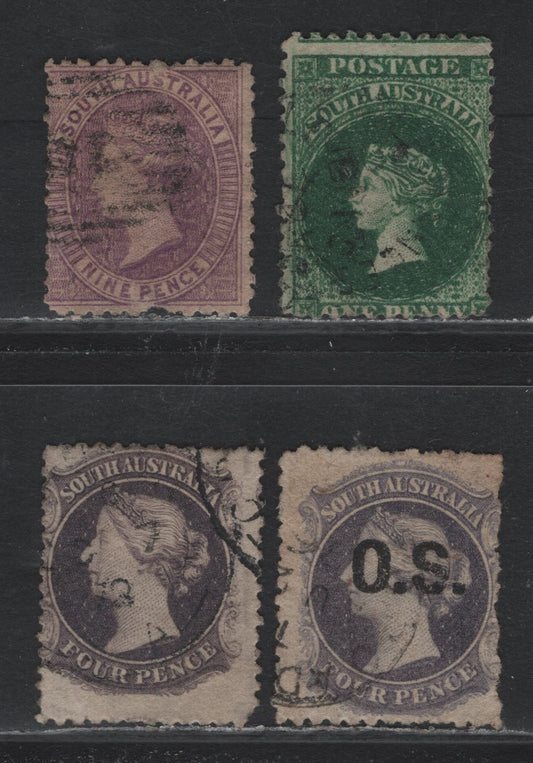 Lot 120 Australia - South Australia SG#64, 71, 76, 108 1d - 9d Dark Green - Bright Mauve , 1868-1879 Humphrey Heads Perforated Issue, 4 Good/Very Good/Fine Used Singles, All Perf 11.5-12.5, Large Star Wmk