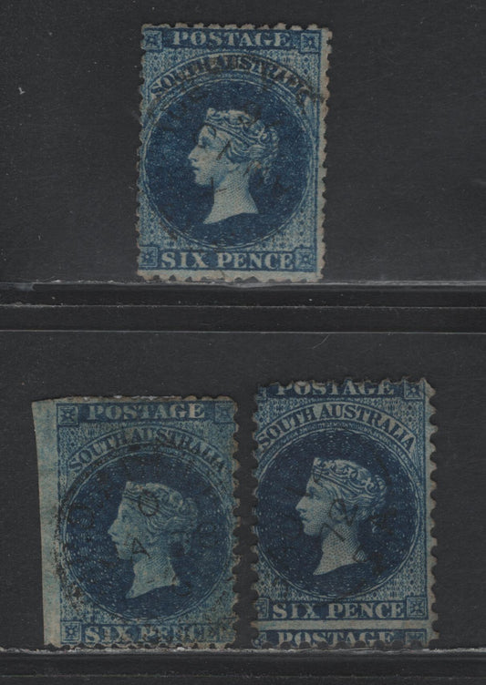Lot 121 Australia - South Australia SG#72, 97, 105 6d Prussian Blue - Bright Pale Blue , 1868-1879 Humphrey Heads Perforated Issue, 3 Fine Used Singles, Perfs 11.5-12.5, 10 &11.5-12.5x10, Large Star Wmk