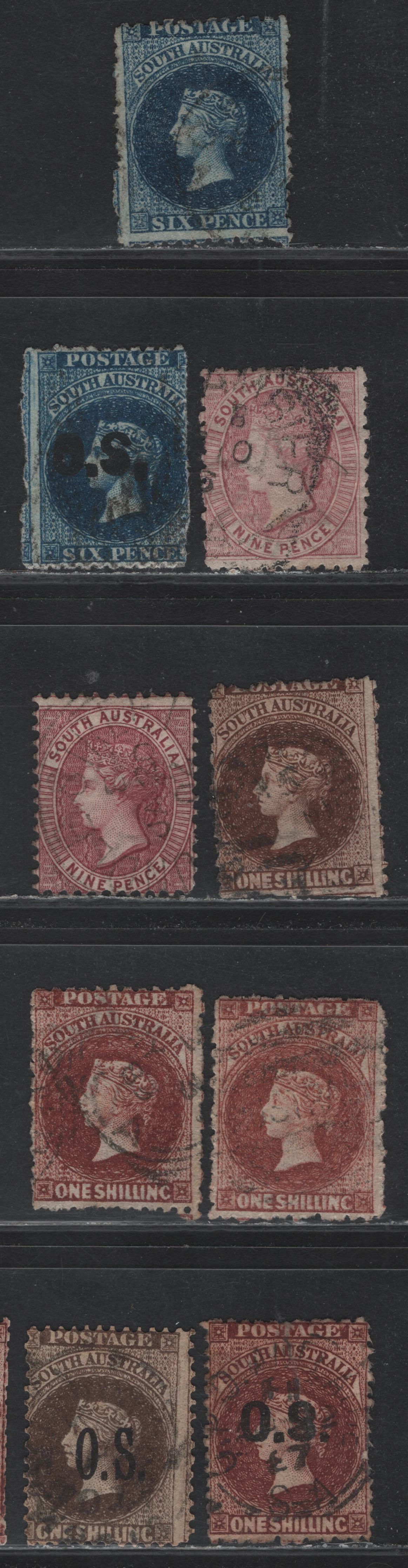Lot 124 Australia - South Australia SG#116, 123-127, O25, O28, O31 6d - 1/- Indigo - Vandyke Brown , 1876-1900 Humphreys Head Issue, 9 Good-Very Fine Used Singles, Perf 11.5-12.5, Broad Pointed Star Wmk, Includes OS Overprints.
