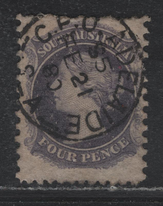 Lot 125 Australia - South Australia SG#137 4d Violet Shade , 1876-1900 Humphreys Head Issue, A Fine Used Single, Broad Star Wmk, Perf 11.5-12.5x10, SON February 21 1880 GPO Adelaide CDS Cancel.