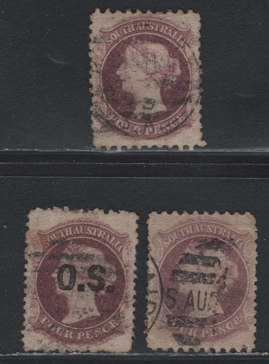Lot 126 Australia - South Australia SG#198, O16 4d Dull Purple - Plum , 1876-1885 Queen Victoria Engraved Sideface Issue, 2 Very Fine Used Singles, Large Truncated Star Wmk, Perf 10x11.5-12.5 & 11.5-12.5
