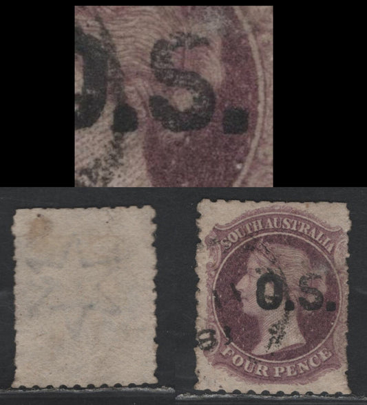 Lot 127 Australia - South Australia SG#O17var 4d Deep Mauve , 1876-1885 Queen Victoria Engraved Sideface Issue, A Fine Used Single, Broad Star Wmk, Perf 10x11.5-12.5, Showing Short S Variety From Pos. 10 Of The Sheet.
