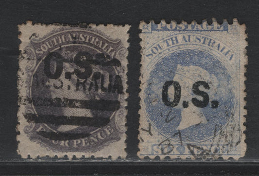 Lot 128 Australia - South Australia SG#O19, O23 4d - 6d Violet Slate - Bright Ultramarine , 1876-1885 Humphries Heads Overprinted OS Issue, 2 Very Fine Used Singles, Broad Star Wmk, Perf 10x11.5-12.5 & 11.5-12.5