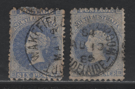 Lot 131 Australia - South Australia SG#141 6d Bright Ultramarine , 1876-1900 Humphreys Head Issue, 2 Fine Used Singles, Perf 10x11.5-12.5, Broad Star Wmk, August 10 1886 Adelaide Ship Mail Room & Port Wakefield Cancels.